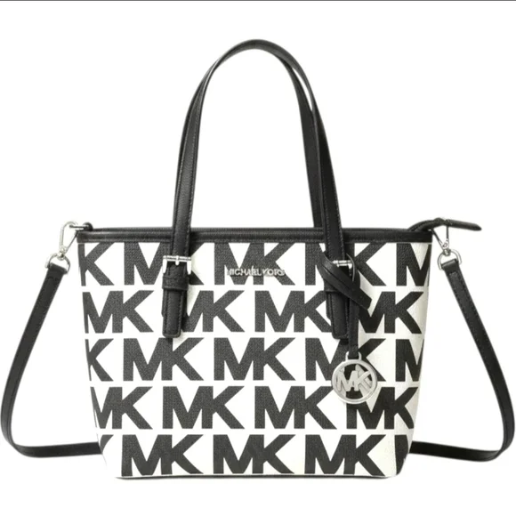 MICHAEL KORS XS Jet Set Travel Black & White MK Logo Zip Tote Bag - Picture 1 of 12
